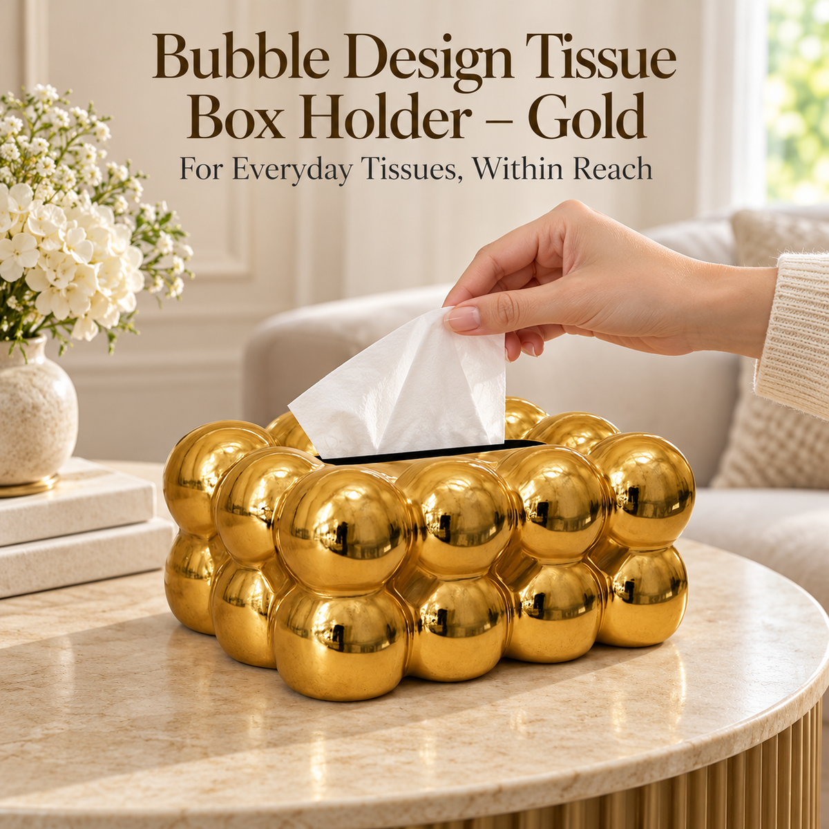 Bubble Design Tissue Box Holder – gold – Product use demonstration