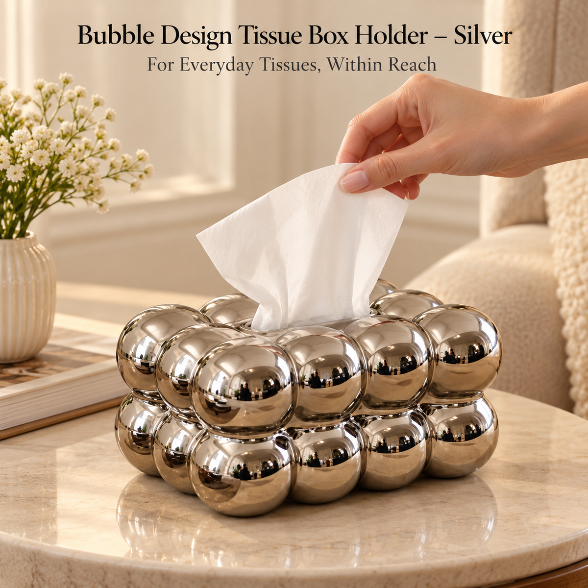 Bubble Design Tissue Box Holder – silver – Product use demonstration