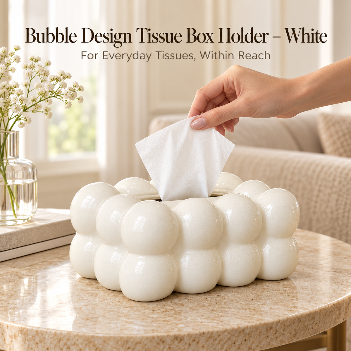Bubble Design Tissue Box Holder – white – Product use demonstration