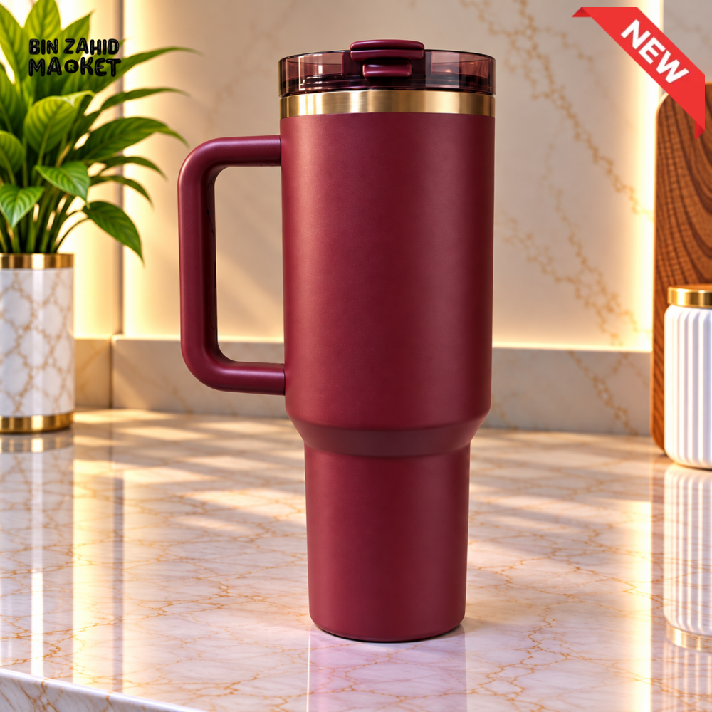 BURGUNDY STAINLESS STEEL INSULATED TRAVEL TUMBLER WITH HANDLE 40OZ