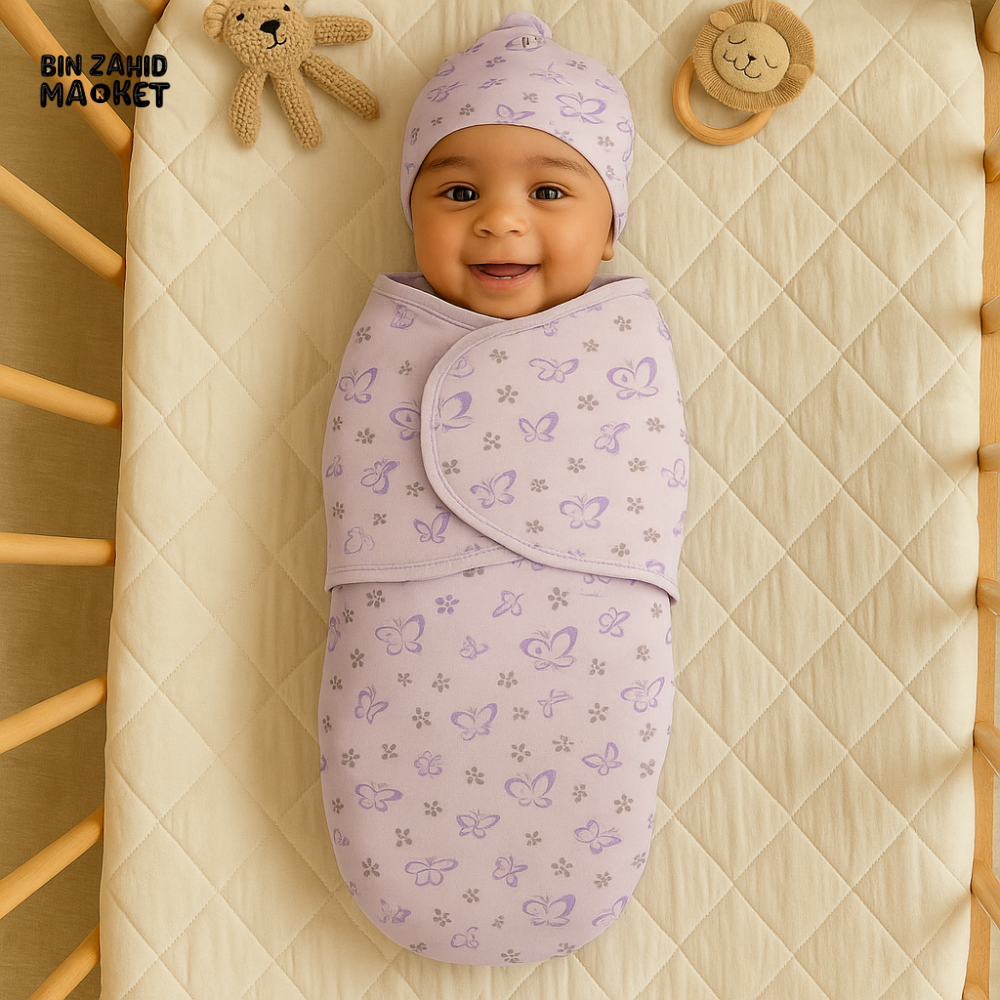BUTTERFLY PRINT NEWBORN SWADDLE SET WITH CAP & MITTENS – LAVENDER PURPLE