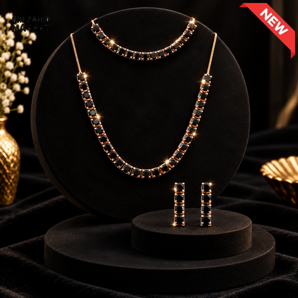 BZM JEWELS BLACK STONE DOUBLE NECKLACE AND EARRINGS JEWELRY SET