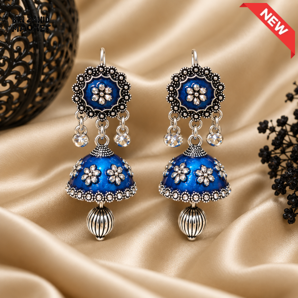 BZM JEWELS BLUE FLORAL OXIDIZED SILVER JHUMKA DROP EARRINGS