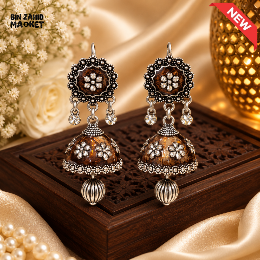 BZM JEWELS BROWN FLORAL OXIDIZED SILVER JHUMKA DROP EARRINGS