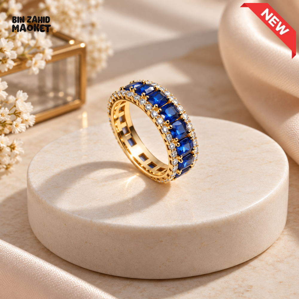 BZM JEWELS GOLD-TONE BLUE CRYSTAL ETERNITY RING