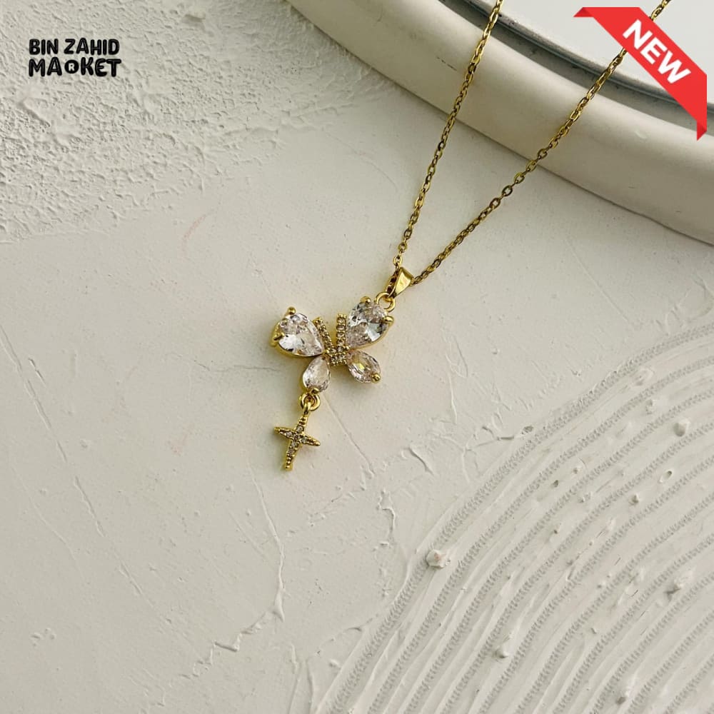BZM JEWELS GOLD-TONE CRYSTAL BUTTERFLY PENDANT NECKLACE WITH CROSS CHARM
