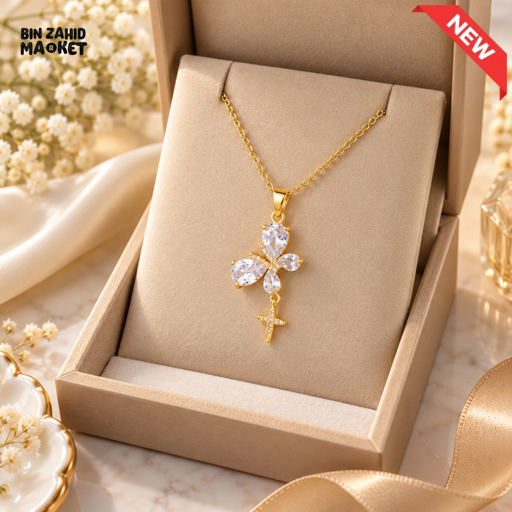 BZM JEWELS GOLD-TONE CRYSTAL BUTTERFLY PENDANT NECKLACE WITH CROSS CHARM