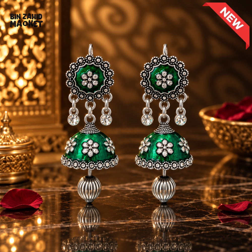 BZM JEWELS GREEN FLORAL OXIDIZED SILVER JHUMKA DROP EARRINGS