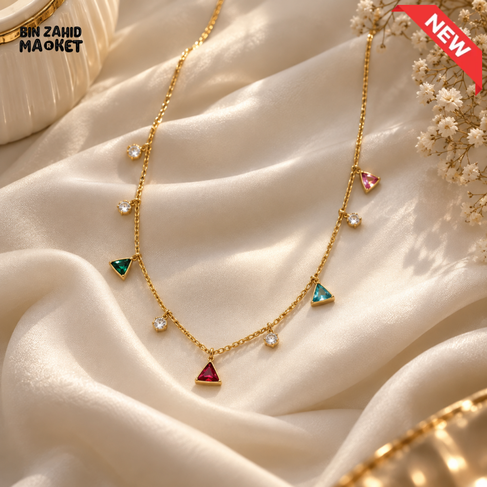 BZM JEWELS MULTICOLOR TRIANGLE STONE GOLD-TONE CHARM NECKLACE
