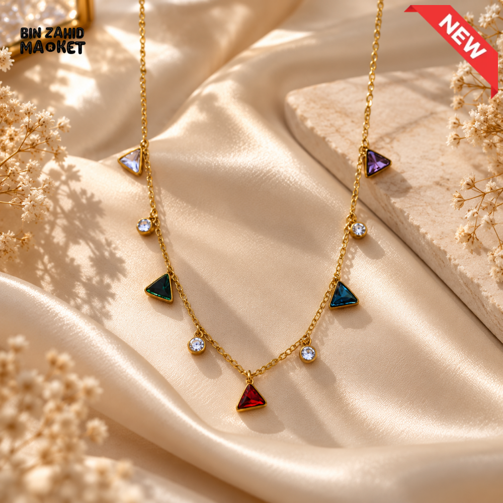 BZM JEWELS MULTICOLOR TRIANGLE STONE GOLD-TONE CHARM NECKLACE