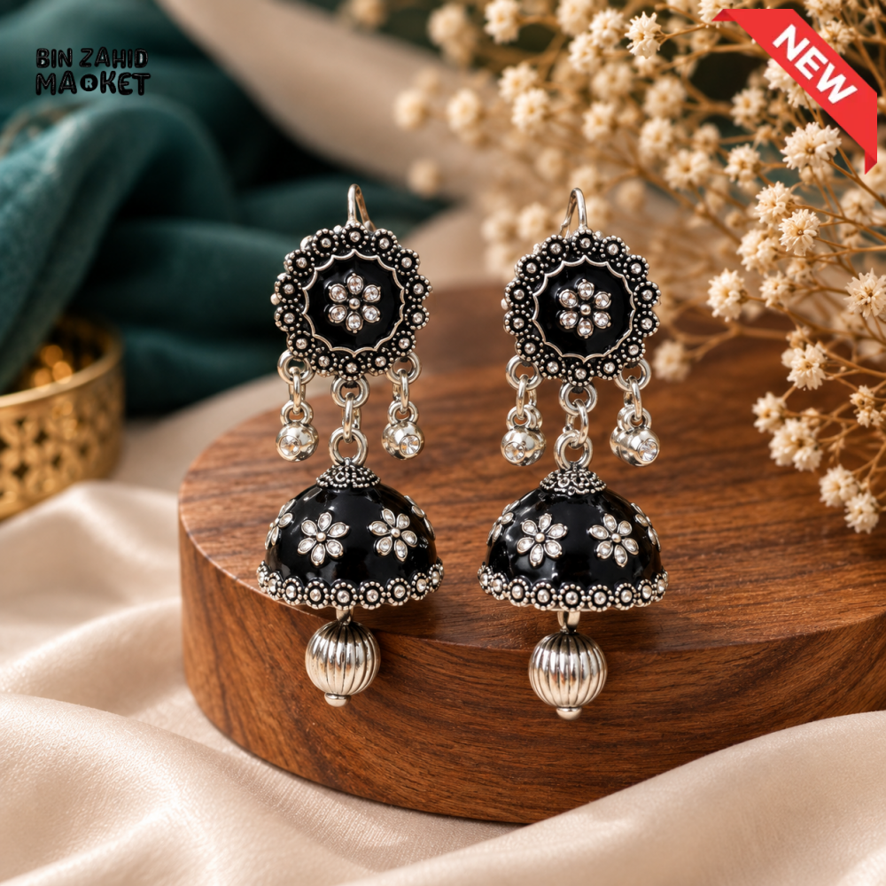 BZM JEWELS OXIDIZED SILVER BLACK FLORAL JHUMKA DROP EARRINGS
