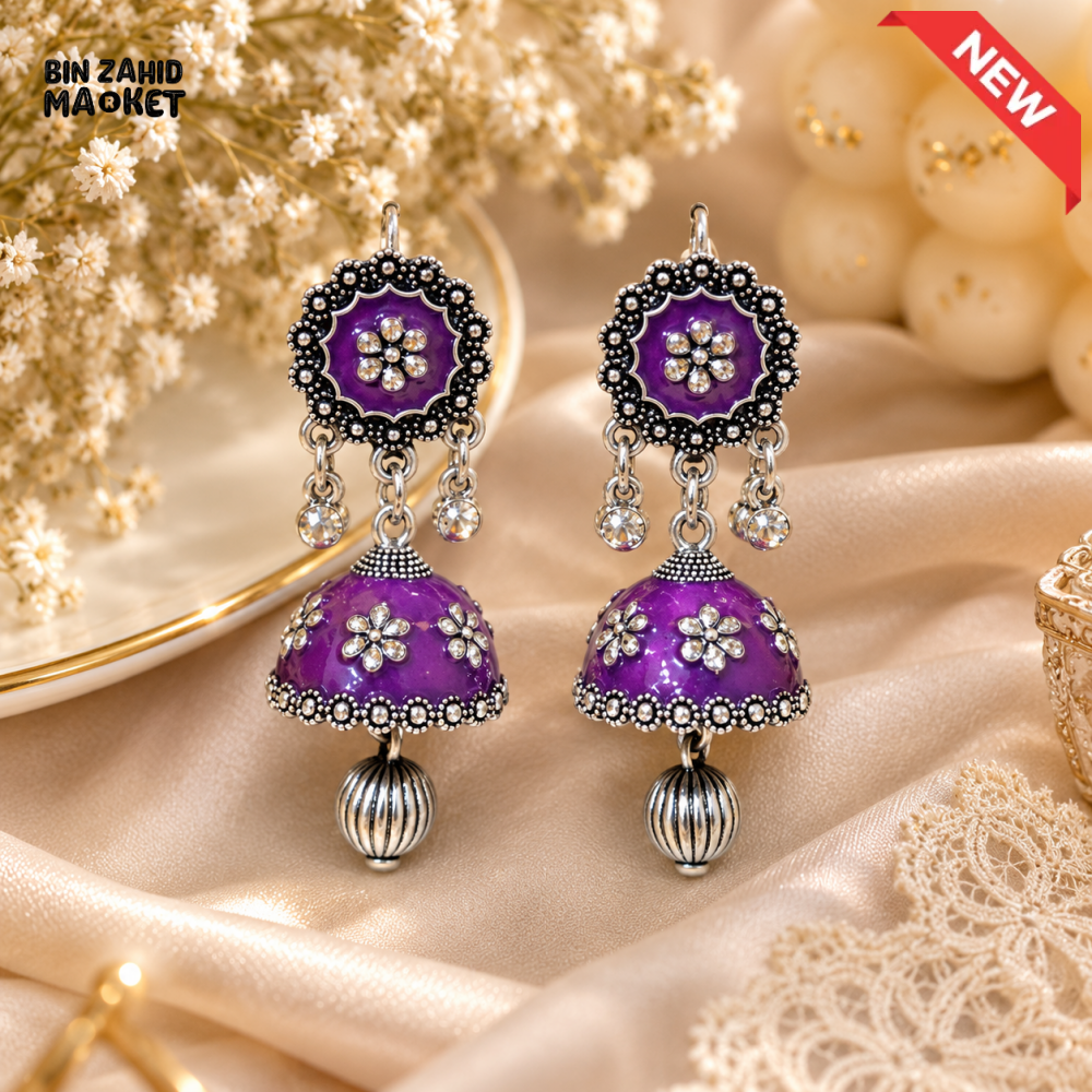 BZM JEWELS PURPLE FLORAL OXIDIZED SILVER JHUMKA DROP EARRINGS
