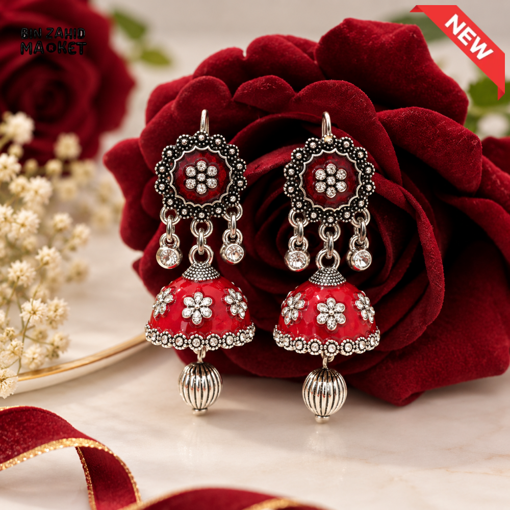 BZM JEWELS RED FLORAL OXIDIZED SILVER JHUMKA DROP EARRINGS
