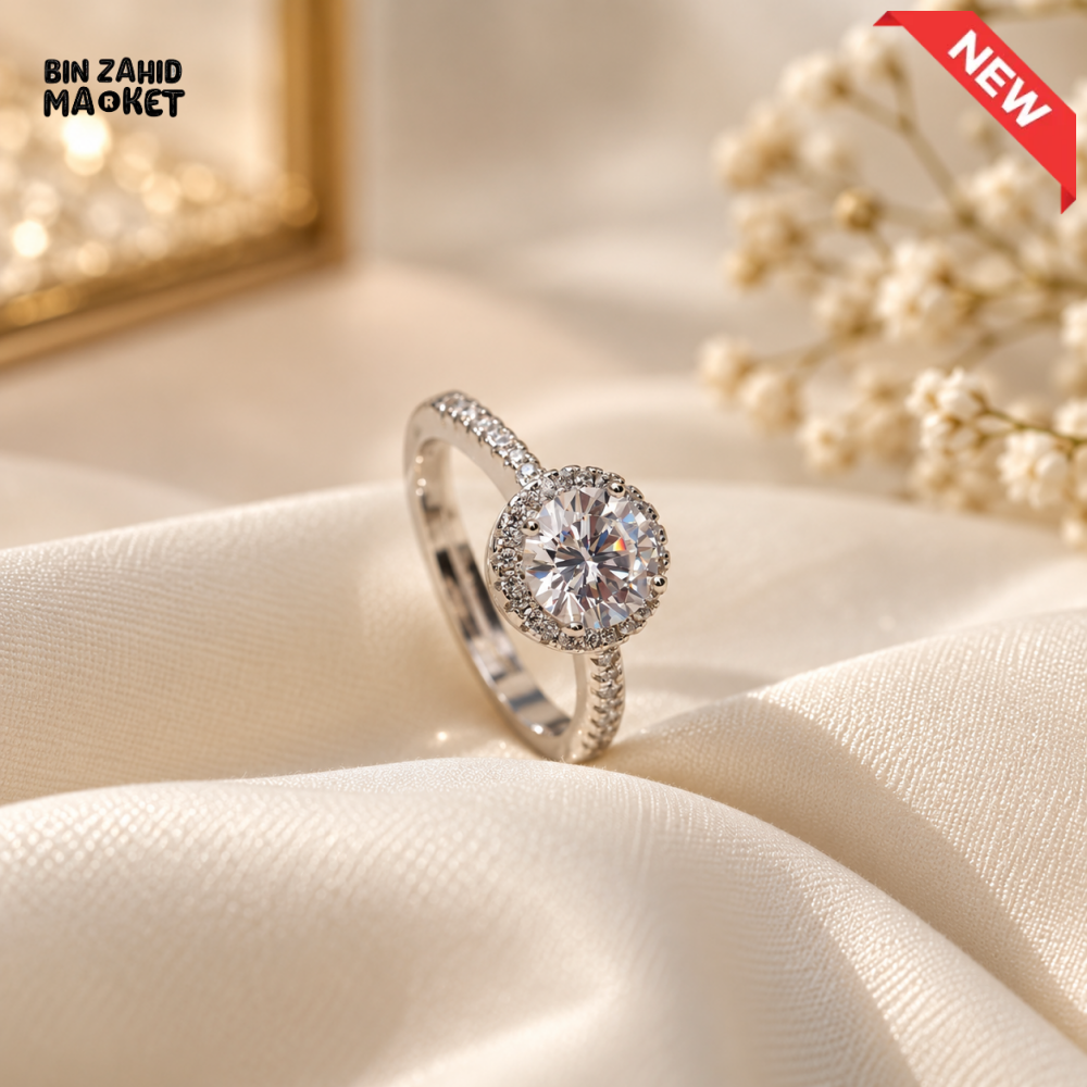 BZM JEWELS ROUND HALO SILVER-TONE CRYSTAL RING