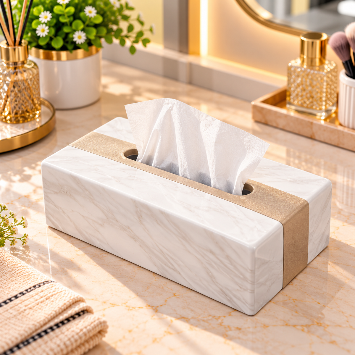 WHITE MARBLE LOOK TISSUE BOX WITH BEIGE ACCENT STRIP