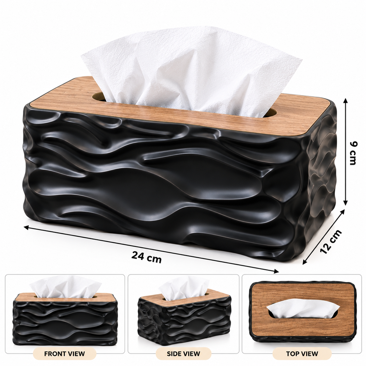 BLACK 3D WAVE TEXTURE RECTANGULAR TISSUE BOX WITH WOODEN STYLE LID