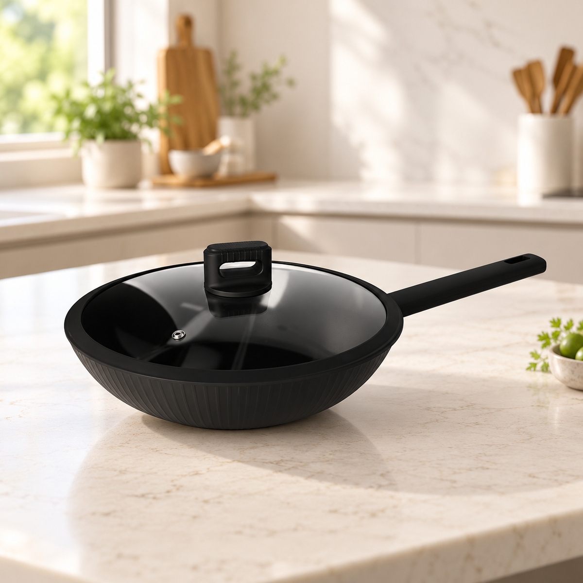 Danny Home Black Wok With Glass Lid