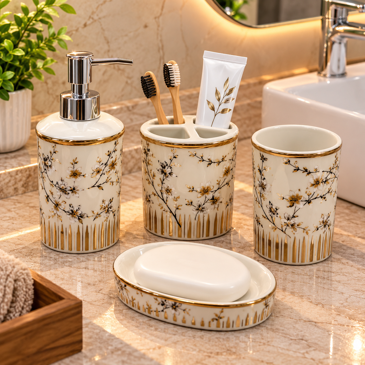 WHITE BLACK & GOLD MARBLE FLORAL DESIGN CERAMIC BATHROOM ACCESSORY SET