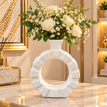 WHITE ROUND RIBBED OPEN CENTER DECORATIVE VASE - SMALL