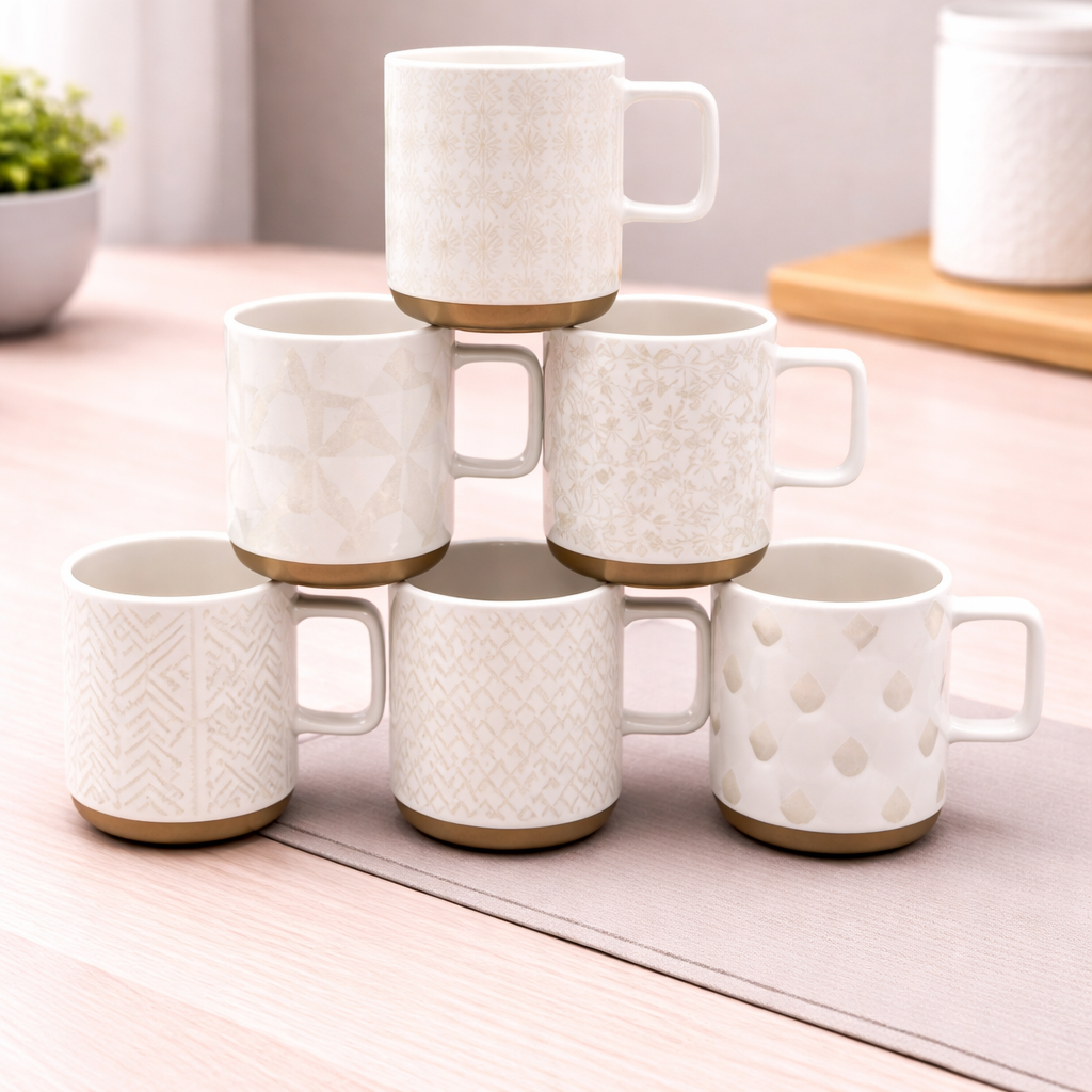 DANNY HOME 400ML LUXURY EMBOSSED WHITE & GOLD COFFEE & TEA CUPS -T01-79