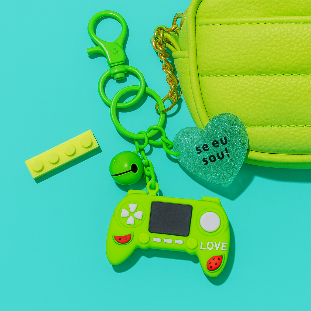 GAME CONTROLLER KEYCHAIN WITH HEART CHARM & MINI BLOCK – AESTHETIC BAG CHARM