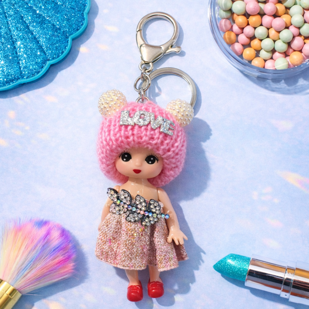 CUTE DOLL KEYCHAIN WITH LOVE KNIT CAP – AESTHETIC BAG & CAR CHARM
