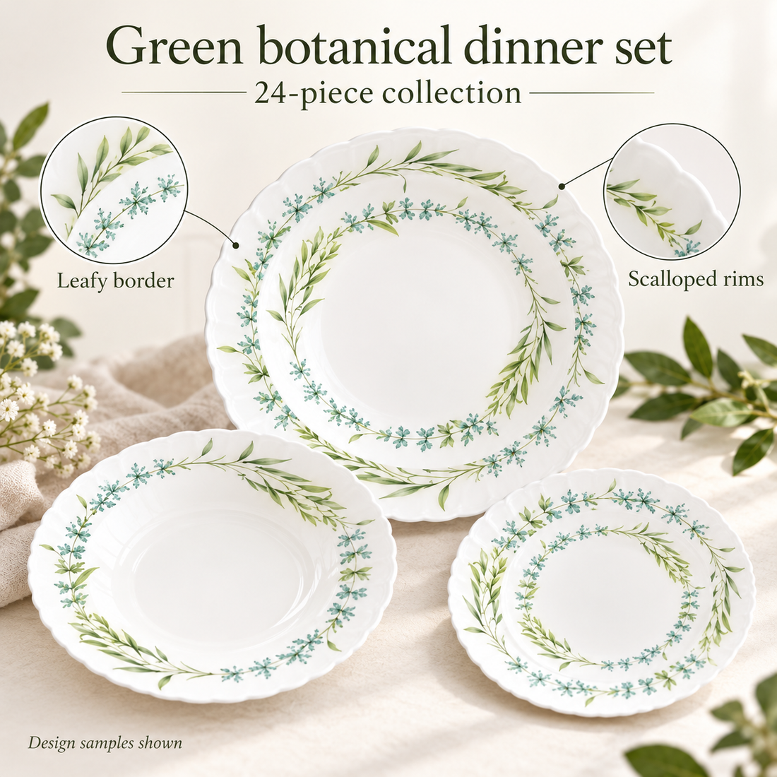 Danny Home 24-Piece Green Botanical Dinner Set