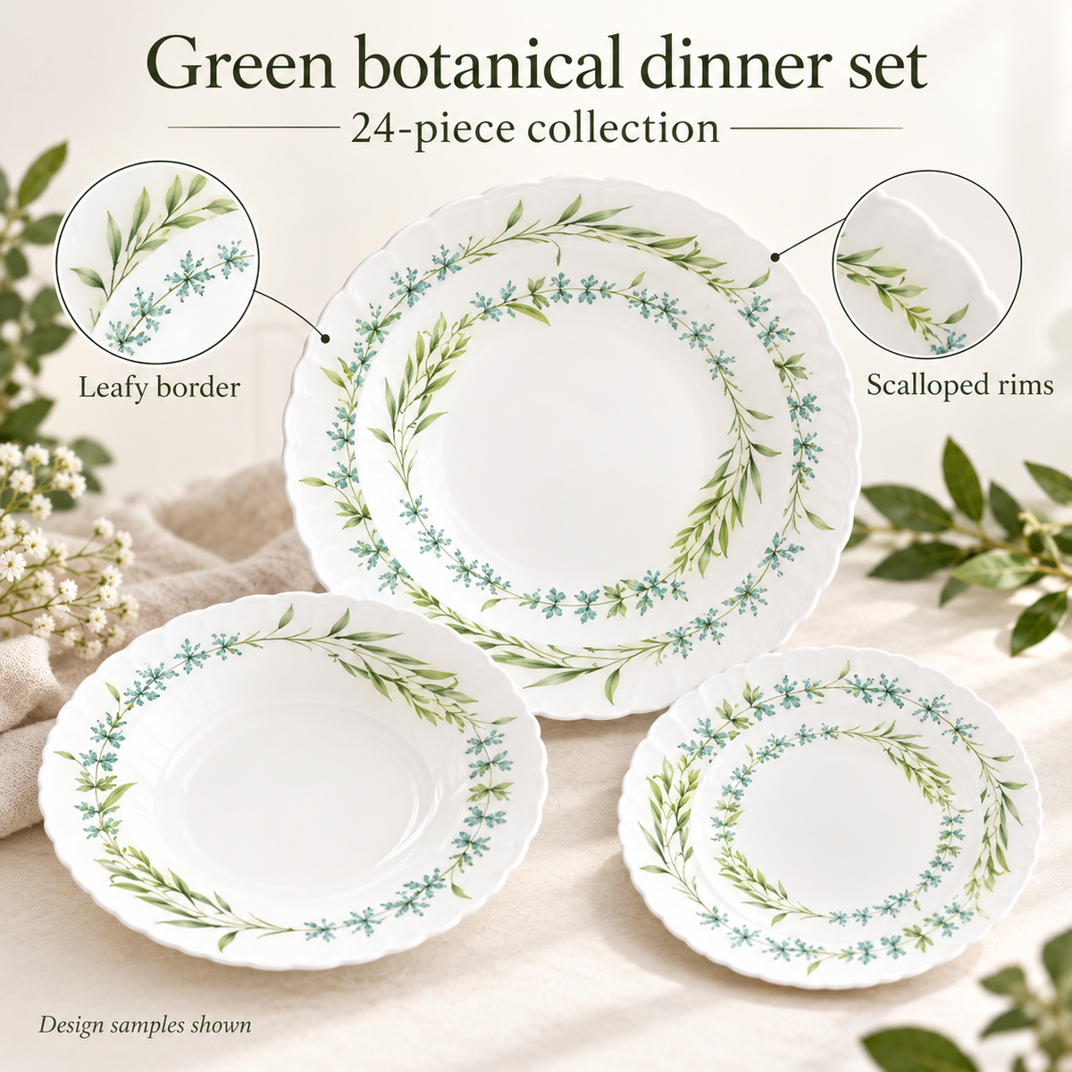 Danny Home 24-Piece Green Botanical Dinner Set