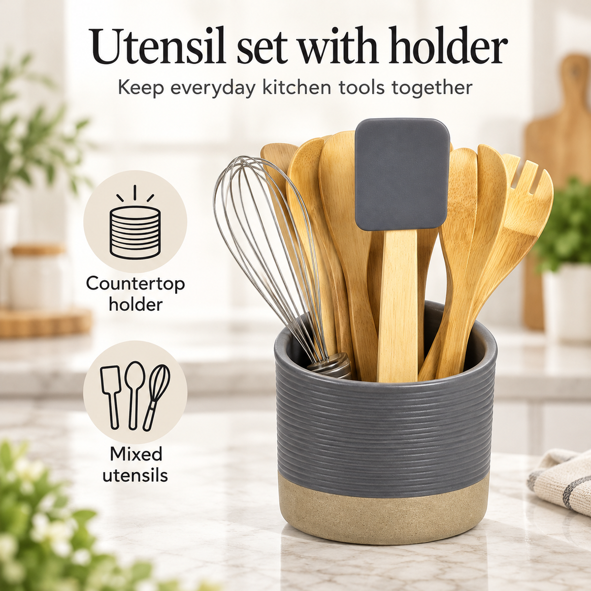 Danny Home Grey Utensil Set With Holder