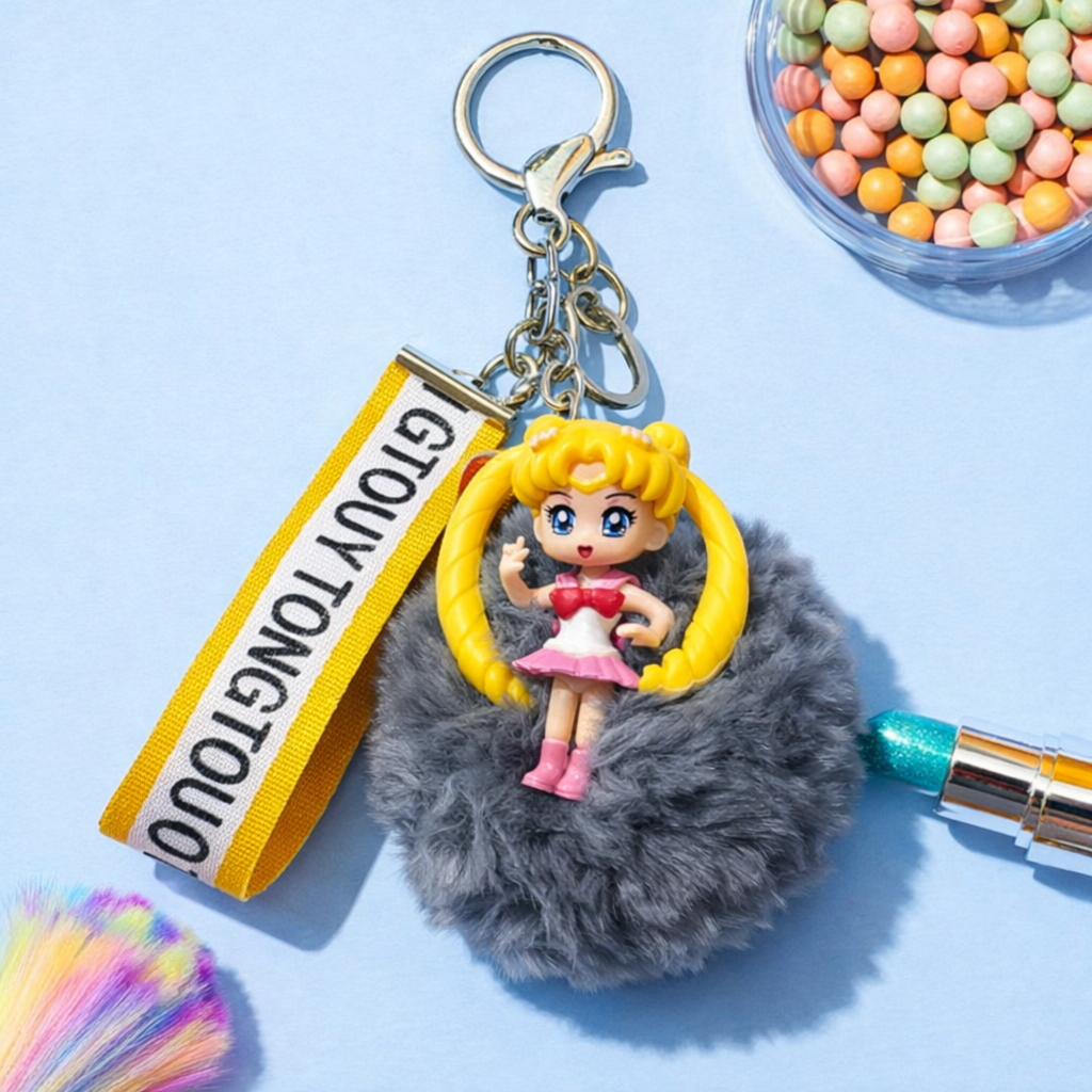 ANIME STYLE MINI DOLL KEYCHAIN WITH FUR POM-POM
