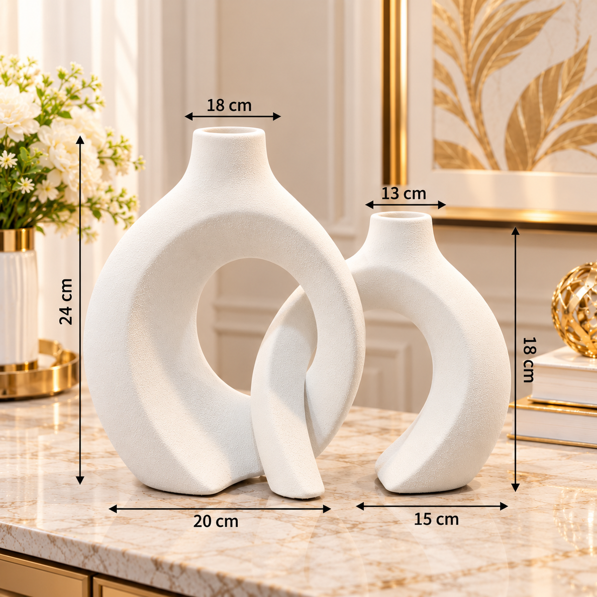 WHITE INTERLOCKING LOOP DECORATIVE VASE SET