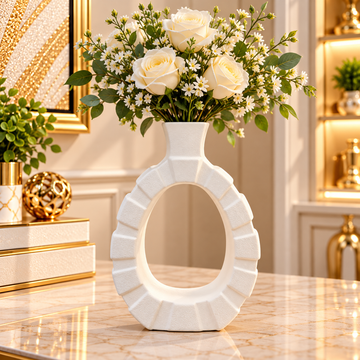 WHITE LARGE OVAL RIBBED OPEN CENTER DECORATIVE VASE - LARGE