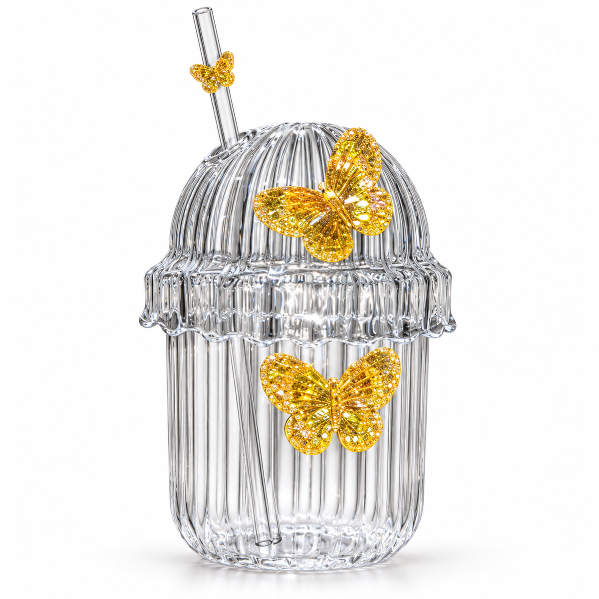 Glasslux Ribbed Butterfly Dome Cup With Straw - Orange / 400 ml