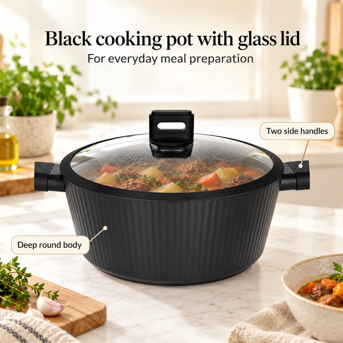 Danny Home Black Cooking Pot With Glass Lid
