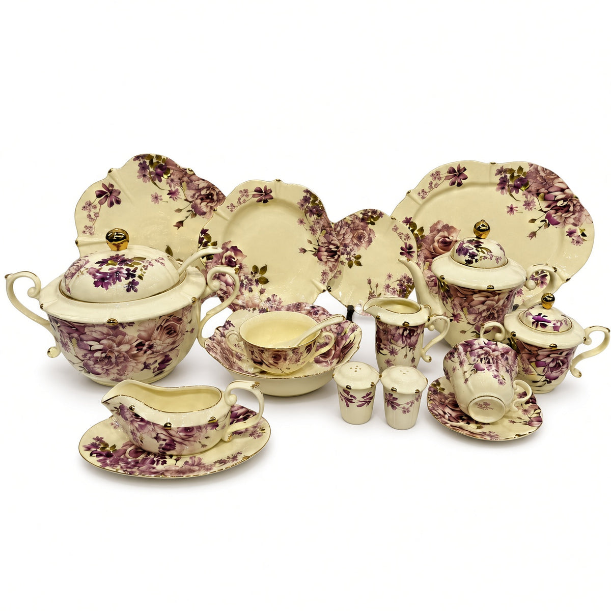 Royal Albert Inspired Purple Floral Patterns & Gold Accents 75 Pieces 8 Persons Serving Bone China Dinner Set