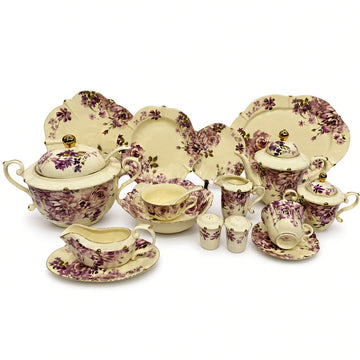 Royal Albert Inspired Purple Floral Patterns & Gold Accents 75 Pieces 8 Persons Serving Bone China Dinner Set