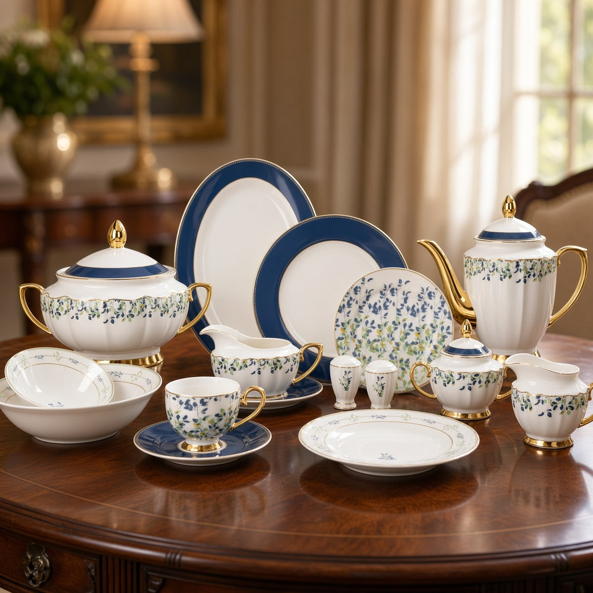 Johnson Bros Inspired Green Green & Blue Leaves Patterns Bone China Dinner Set