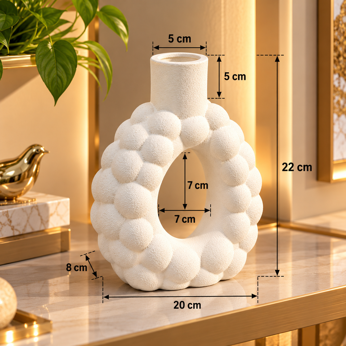 WHITE BUBBLE TEXTURE OVAL OPEN CENTER DECORATIVE VASE - LARGE
