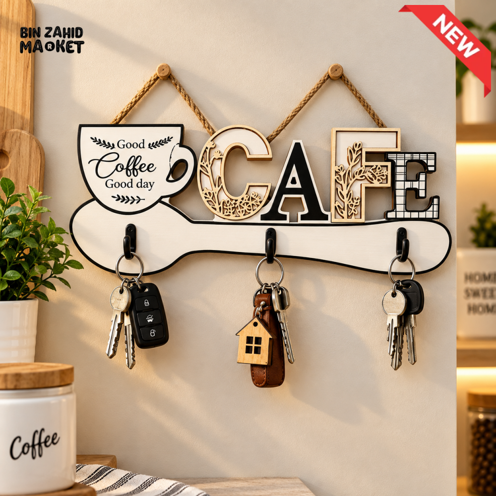 CAFE THEME WOODEN WALL KEY HOLDER WITH 3 HOOKS