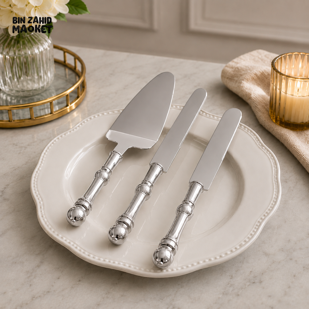 CAKE SERVER & CAKE KNIFE SET GOLD & SILVER - 2 PCS - SILVER - Knife Sets