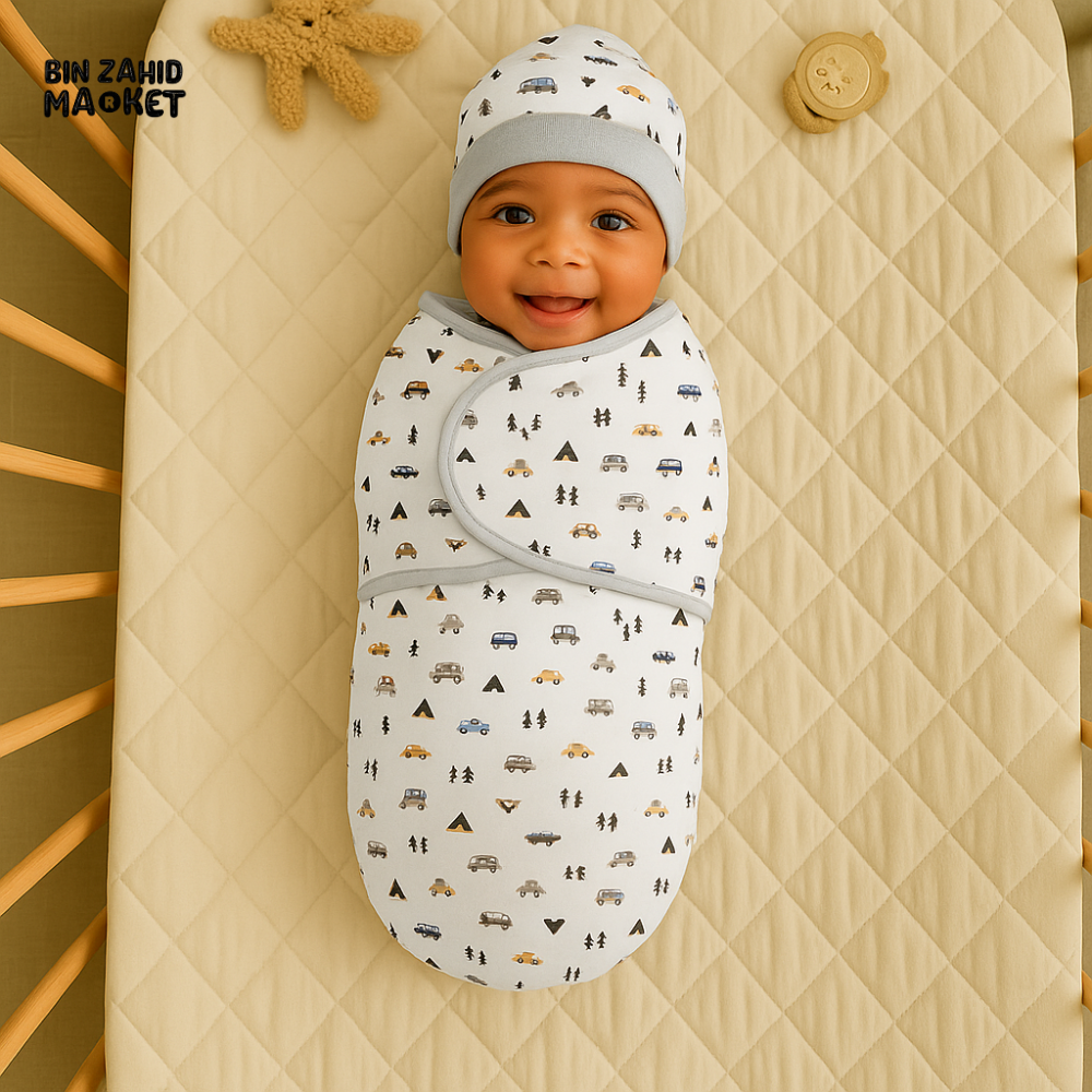 CAMPING THEME NEWBORN SWADDLE SET WITH CAP & MITTENS – COTTON BABY WRAP FOR BOYS