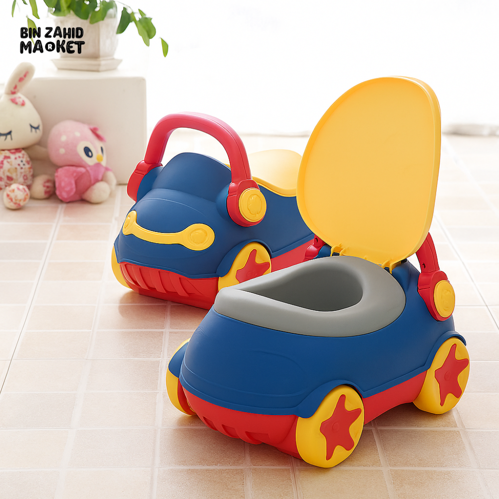 CAR SHAPED TODDLER POTTY WITH PU CUSHION - BLUE & YELLOW KIDS TRAINING TOILET WITH BACKREST AND HANDLE