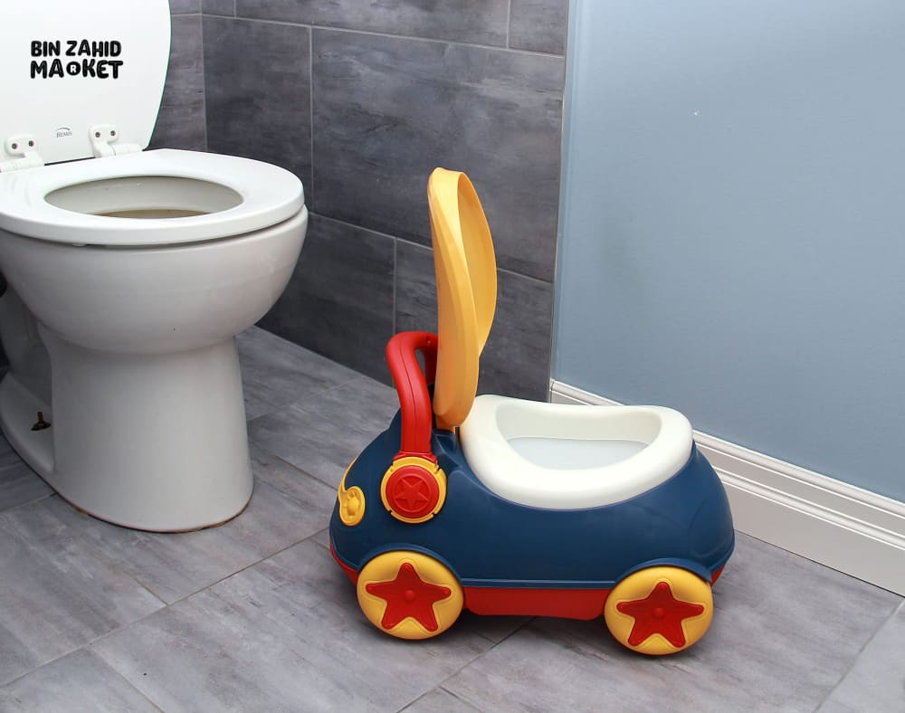 CAR SHAPED TODDLER POTTY WITH PU CUSHION - BLUE & YELLOW KIDS TRAINING TOILET WITH BACKREST AND HANDLE