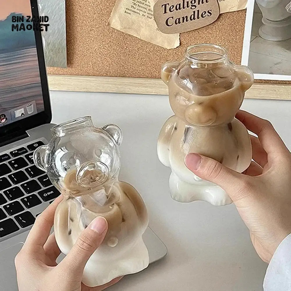 CARTOON BEAR SHAPED GLASS MUG WITH STRAW CUTE TRANSPARENT COFFEE & JUICE CUP CREATIVE MILKY TEA BEAR CUP