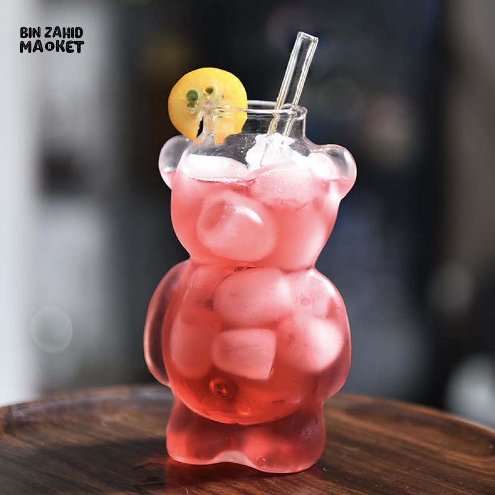 CARTOON BEAR SHAPED GLASS MUG WITH STRAW CUTE TRANSPARENT COFFEE & JUICE CUP CREATIVE MILKY TEA BEAR CUP