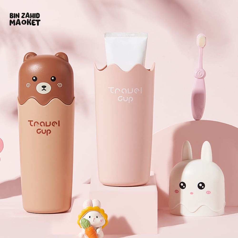 CARTOON BEAR TOOTHBRUSH HOLDER – PORTABLE TRAVEL WASH CUP SET FOR COUPLES TOOTHPASTE & TOOTHBRUSH STORAGE BOX ORGANIZER