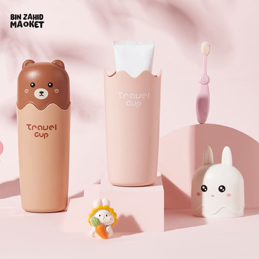 CARTOON BEAR TOOTHBRUSH HOLDER – PORTABLE TRAVEL WASH CUP SET FOR COUPLES TOOTHPASTE & TOOTHBRUSH STORAGE BOX ORGANIZER