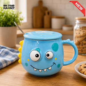 CARTOON DINOSAUR CERAMIC MUG WITH LID & SPOON - BLUE