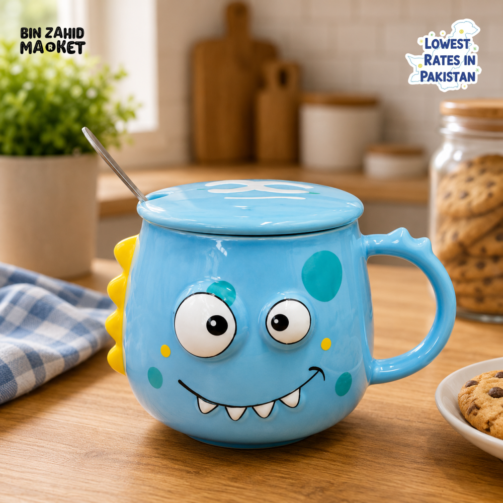 CARTOON DINOSAUR CERAMIC MUG WITH LID & SPOON - BLUE