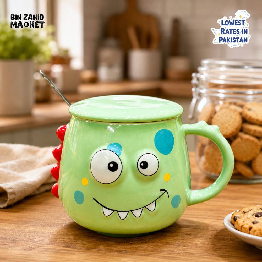 CARTOON DINOSAUR CERAMIC MUG WITH LID & SPOON - GREEN